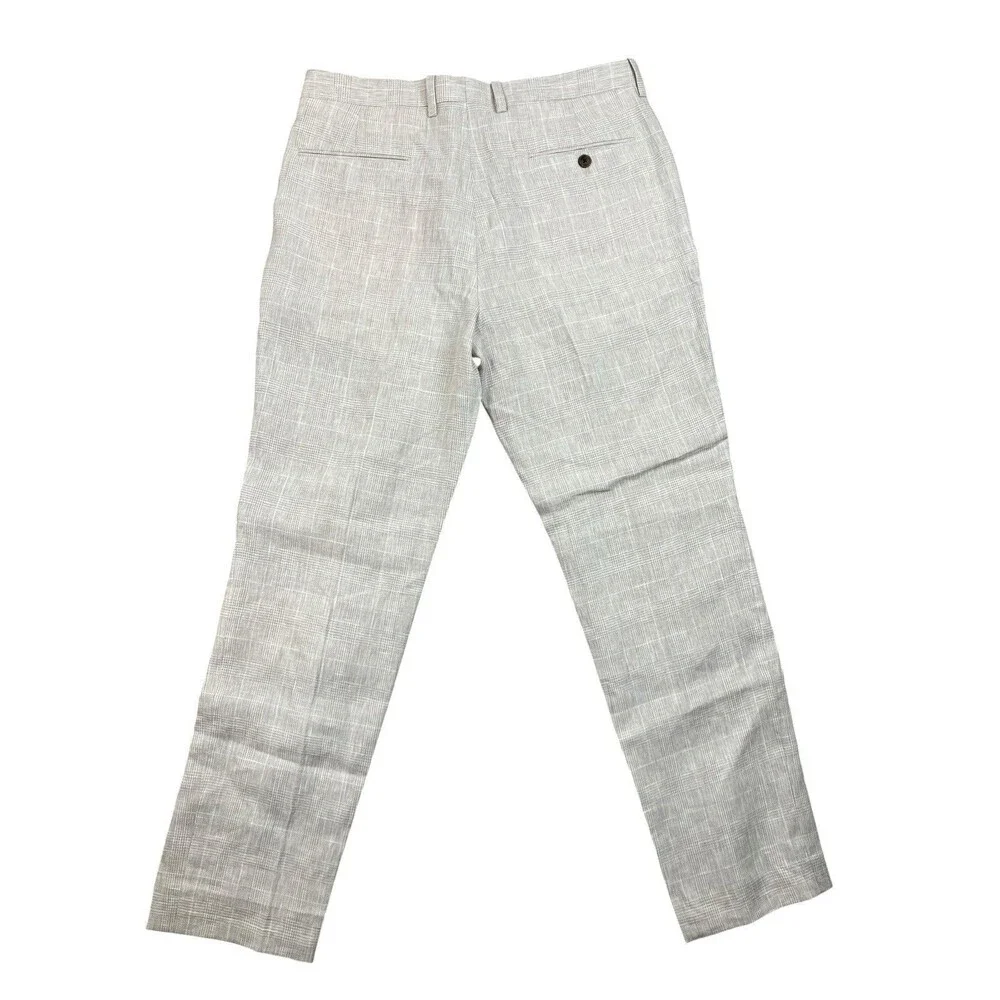 J Crew Suit Pants Mens 33x30 Beige Linen Windowpane Plaid Thompson Lightweight